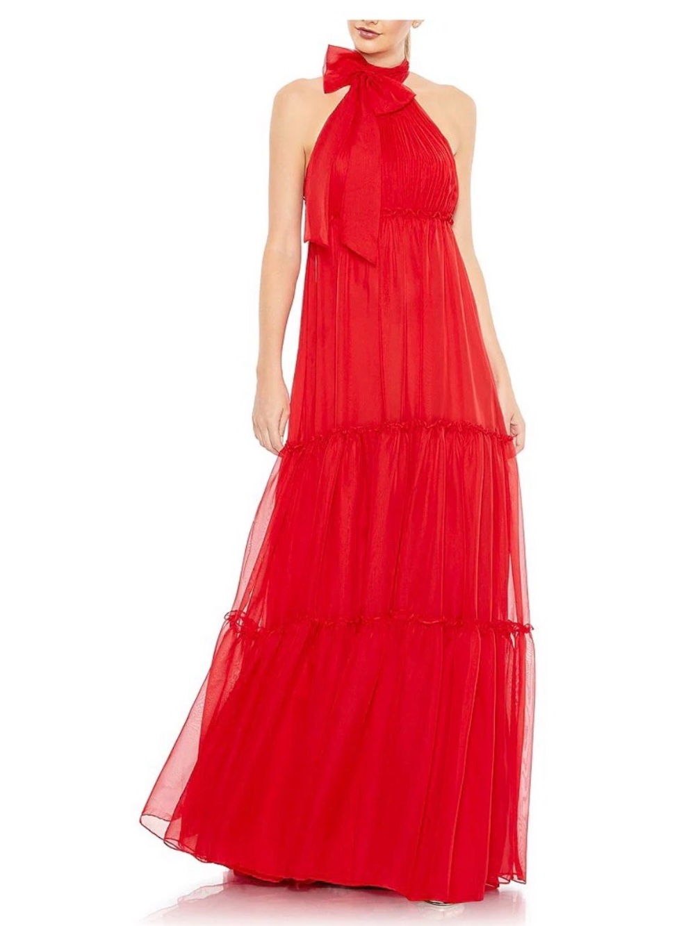 NWT Mac Duggal Halter Chiffon Pleated Tiered Ruffled Maxi Gown Red Sz 12 55848